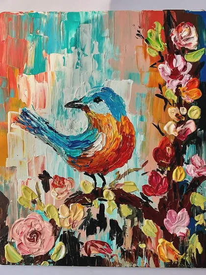A finished knife painting of a colorful bird on a branch. The entire piece is made with heavy body acrylics and a palette knife, which allows for these bold, expressive strokes and textures.