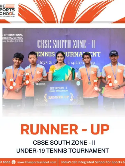 Our U-19 tennis team proudly displays their runner-up trophy from the CBSE South Zone-II Tournament.