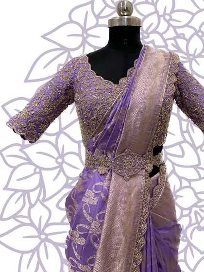 The lavender saree set on a mannequin, showcasing the complete look.