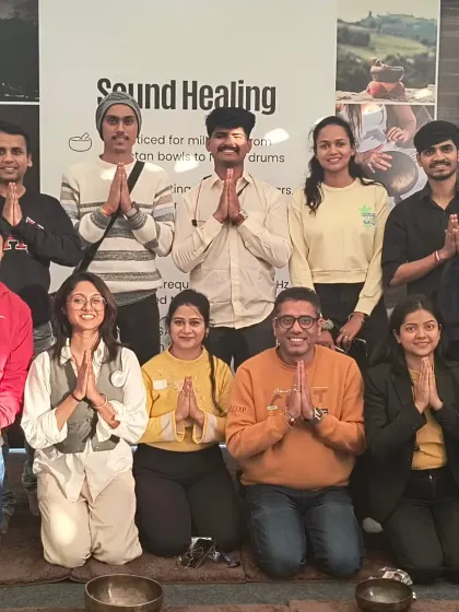 A happy group photo with participants after a rejuvenating sound healing session at HCL in Noida. It's wonderful to see the calm and positive energy in the room after our practice.