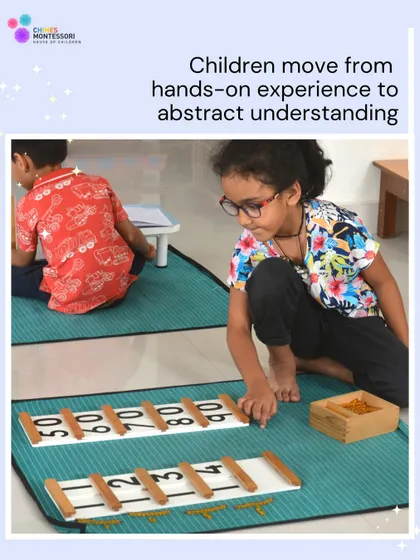 A child works with number rods and cards, moving from a hands-on experience of quantity to the abstract understanding of numerical symbols.