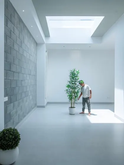 An exercise in pure minimalism, this hallway uses a single potted tree and a skylight to create a moment of zen-like calm. The exposed block wall adds texture to the otherwise pristine white space.