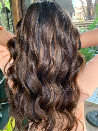 The after shot of our rich chocolate bridal hair. The color is so deep and glossy. (No filter)