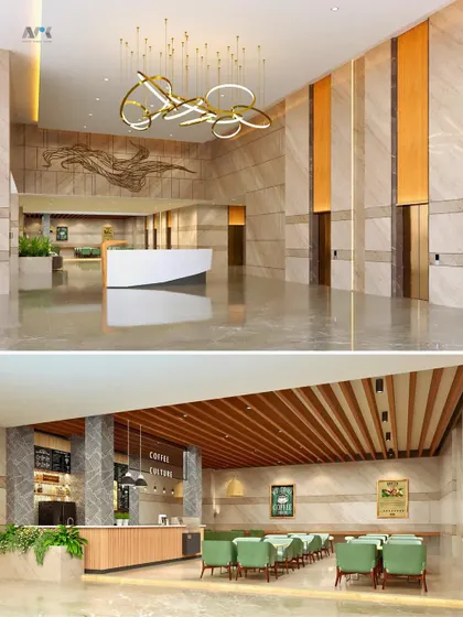A look inside our design for the Codeword Edge commercial building in Malad. The project includes a spacious lobby with a modern reception and a comfortable, stylish coffee shop for tenants and visitors.