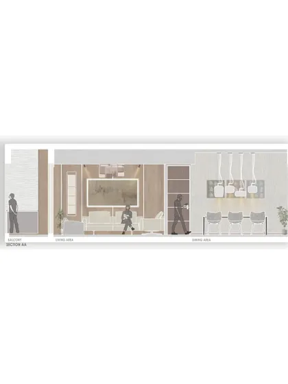 A colored section drawing of 'Pad By The Bay,' illustrating the intended material palette and atmosphere of the living and dining spaces.