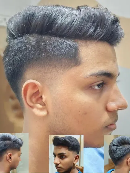 A sharp cut for a sharp look. This collage shows multiple angles of a stylish men's fade.