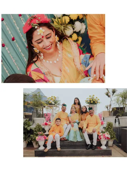 A collage showing the bride with her family during the Haldi ceremony. These photos capture the love and support of her loved ones.