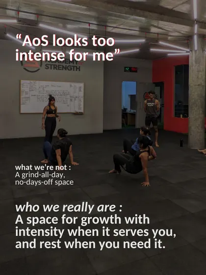"AoS looks too intense for me." We are not a grind-all-day, no-days-off space. We are a space for growth with intensity when it serves you, and rest when you need it. Balance is key.