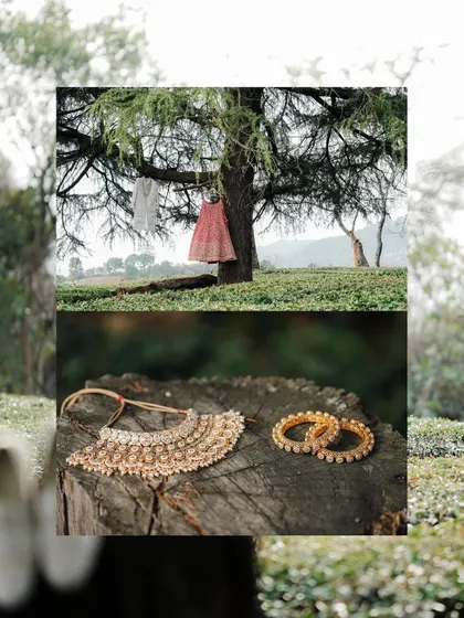 An artistic shot of the wedding outfits and jewelry in a natural setting. This photo creatively documents the essential details of the couple's look.