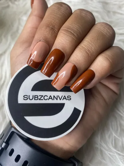 Another shot of the brown modern French tip press-on nails. You can see the clean lines and glossy finish that I ensure for every handmade set.