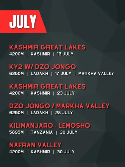 Our trek calendar for July 2025. This month features the stunning Kashmir Great Lakes trek, challenging Ladakh peaks like Dzo Jongo, and our international expedition to Kilimanjaro.