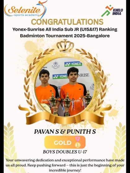 A showcase of our winners from the All India Sub-Junior tournament in Bangalore, featuring our gold and silver medalists in various doubles categories.
