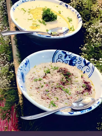 A closer look at our Mediterranean dips. The top bowl contains a classic hummus drizzled with olive oil, while the bottom bowl holds a textured baba ghanoush, both garnished with fresh herbs.