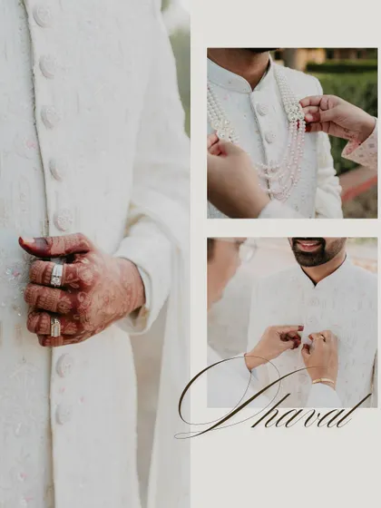 A collage dedicated to the groom's getting-ready process. It shows the details of his attire, from the mala to the final touches, capturing the moments of preparation and anticipation.