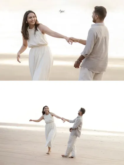 Two frames showing Kunal and Darshita playfully dancing on the beach. These images capture their joyful movement and carefree spirit against the serene backdrop of the sea.