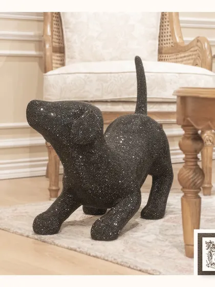 Another view of the playful, sparkly black dog figurine, showing how it can be styled in different settings to add a touch of fun and glamour.