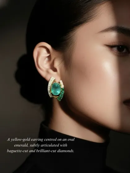 A modern take on emerald earrings. This yellow-gold piece features an oval emerald articulated with baguette-cut and brilliant-cut diamonds for a design that is both elegant and architectural.