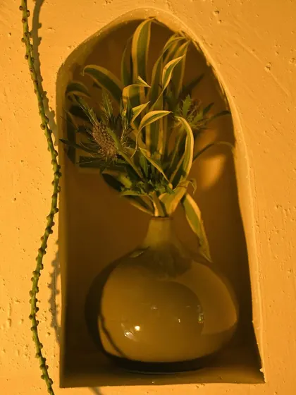 Another detail from the niche wall, this time featuring a glossy green vase with variegated leaves. The mix of textures and materials adds visual interest.