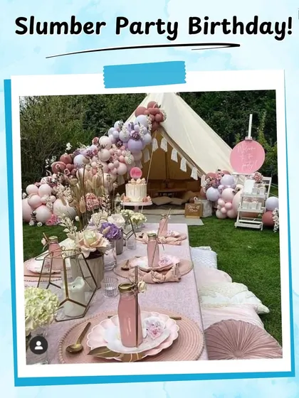 A "Slumber Party Birthday" concept graphic, showcasing a beautiful tent and picnic setup. This is perfect for a unique and cozy celebration with close friends.