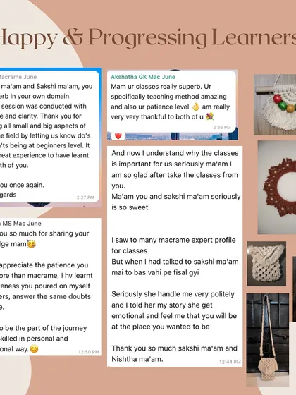 Nothing makes me happier than seeing my students succeed. This is just a small glimpse of the amazing macrame pieces they create after our workshops and the kind words they share. Their progress is my biggest reward.