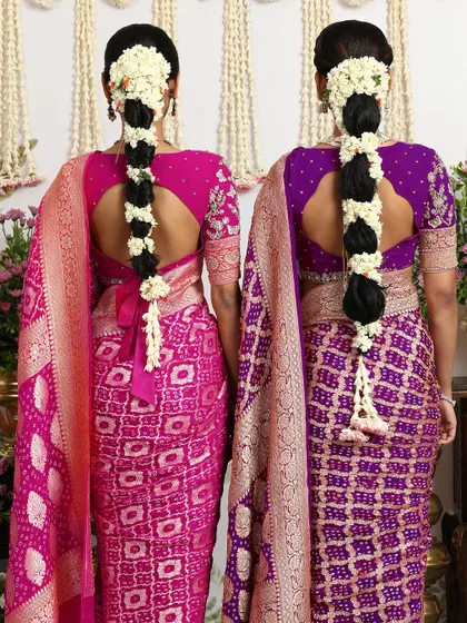 The beautiful back details of the blouses and the traditional hairstyles complement the sarees perfectly.