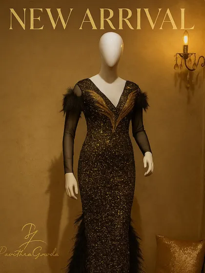 A stunning black and gold sequin gown designed for a true red carpet moment. This dress features a plunging neckline with gold wing-like embroidery and dramatic feather details on the shoulders and hem.