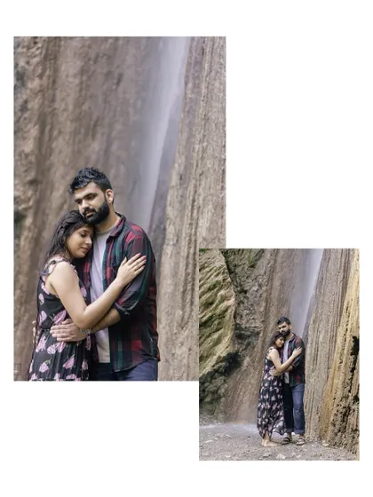 An intimate embrace against the backdrop of a majestic waterfall, showcasing a powerful and emotional connection.