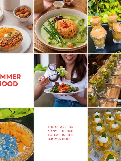 A mood board capturing the taste of summer, from fresh salads and fruity desserts to light and vibrant main courses.