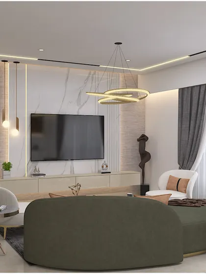 A duplicate of the minimalist living room with the marble TV wall.