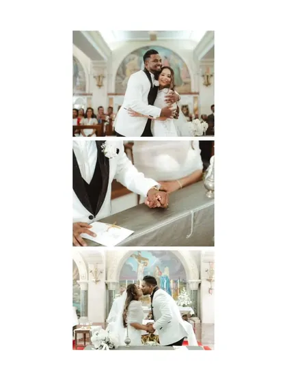 A collage of key moments from a beautiful church wedding, including the first kiss and the couple holding hands at the altar.