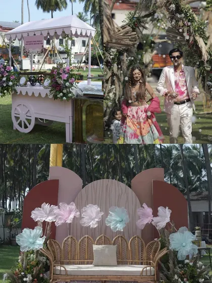 An overview of the tropical carnival decor, including a charming pink food cart, a bohemian-style seating area with paper flowers, and the couple's bubble-filled entrance.