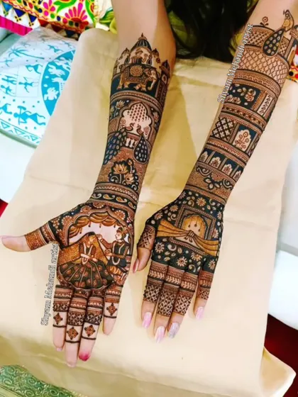 A vibrant and dense bridal design featuring a mix of portraits, animals, and geometric patterns.