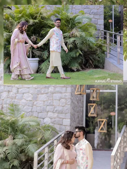 A romantic collage of the couple walking hand-in-hand and sharing a kiss in a beautiful garden setting.