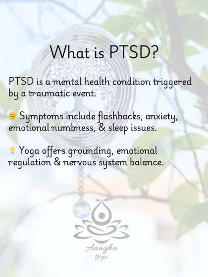 Understanding PTSD is the first step. This graphic defines the condition and explains how yoga offers grounding, emotional regulation, and nervous system balance.