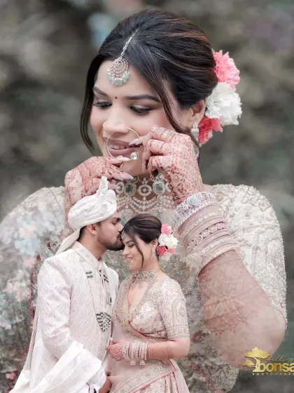 A beautiful collage blending a close-up of the bride with a romantic shot of the couple.