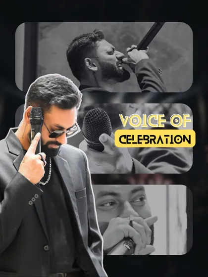 "Voice of Celebration." This graphic collage captures different facets of my hosting style at a club night, from intense performance to cool confidence.