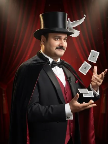 This portrait, with floating cards and a dove, represents the skill and spectacle that I bring to every one of my stage performances.