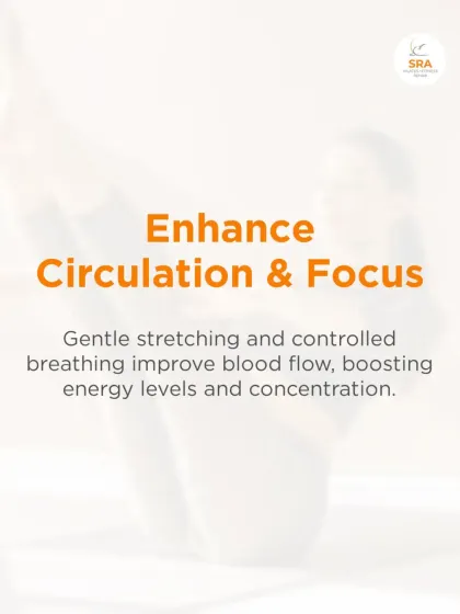 Pilates enhances circulation and focus through gentle stretching and controlled breathing. This improves blood flow, boosting energy levels and concentration.