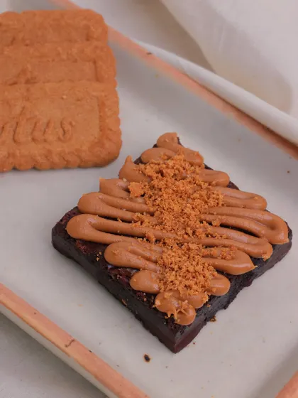Another detailed shot of the Lotus Biscoff Brownie, focusing on the texture of the topping.