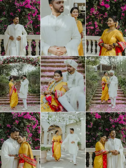 A grid of nine images showcasing various romantic and candid moments from a Maharashtrian wedding, telling a complete story of their special day.