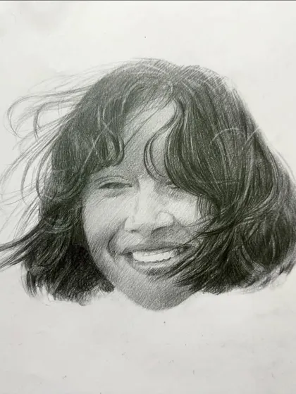 A pencil sketch capturing a joyful, windswept moment. Sketches like these are the foundation of my work and a way to explore expression and movement.