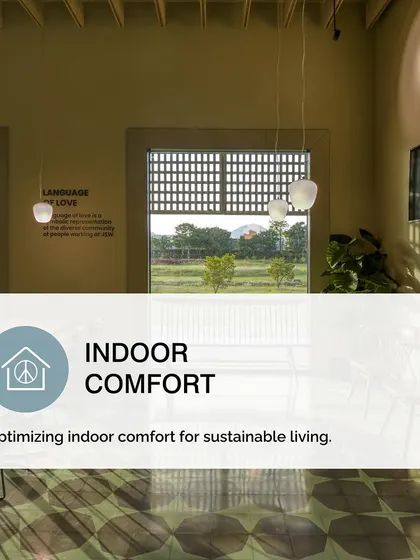 Indoor comfort is about creating healthier environments. This graphic highlights our focus on optimizing air quality, acoustics, and natural lighting to enhance well-being and productivity.
