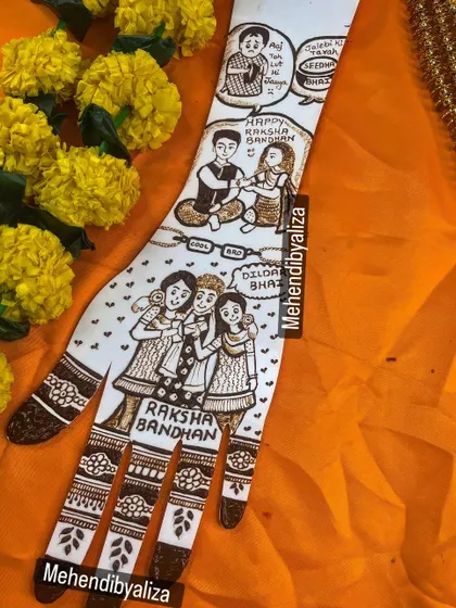 A heartwarming Raksha Bandhan design that tells a story of sibling love, complete with cartoon figures and inside jokes.