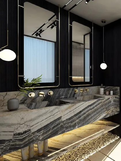 The master bathroom is treated as a sanctuary. In this design, dramatic Panda White marble with bold veining forms the dual vanity, contrasted with dark wood walls and minimalist brass fixtures to create a space of sophisticated and luxurious calm.