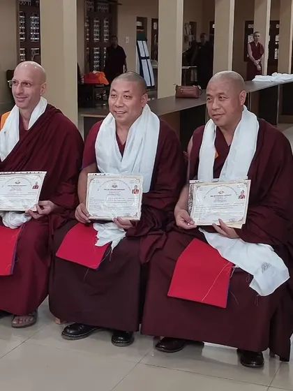 We rejoice in the accomplishments of our teachers. This photo shows Geshe Tenzin Legtsok (left) at his Geshe Ceremony at Sera Jey Monastery, a culmination of decades of profound study and practice.