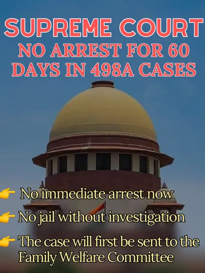 This infographic explains the Supreme Court's new guidelines for 498A cases in English. Key takeaways are no immediate arrest, no jail without investigation, and the case first goes to a Family Welfare Committee for mediation.