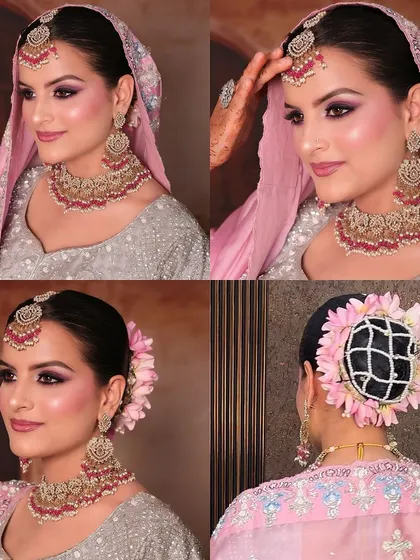 Presenting 'Noor', a collage showcasing the complete bridal look. You can see the flawless makeup from different angles, along with the intricate floral bun that completes her elegant style.