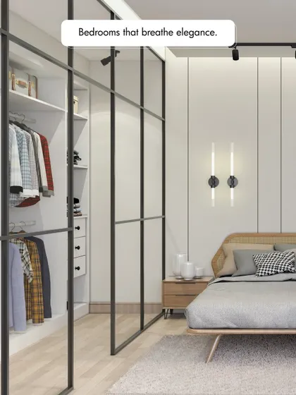 This Scandinavian-inspired bedroom is designed for rest and reflection. The clean lines of the glass-paneled wardrobe, the natural wood tones of the bed, and the neutral color palette come together to create a space that feels calm and uncluttered.