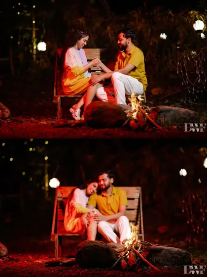 Another beautiful bonfire scene, capturing both a playful interaction and a quiet, comfortable moment. This setup is perfect for creating warm, intimate, and memorable photos.