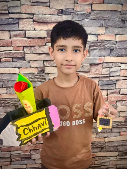 A personalized pencil box and keychain set, ready to be gifted. Our Teacher's Day workshop helps kids learn crafting skills while fostering a sense of gratitude.